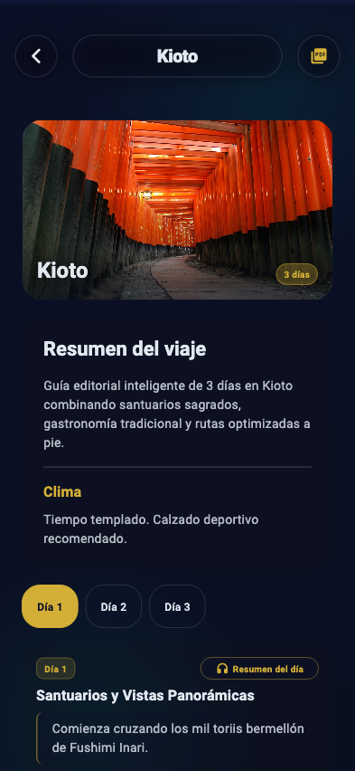 Pantalla de Itinerario en Español